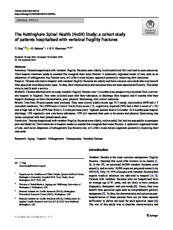 The Nottingham Spinal Health (NoSH) Study: a cohort study of patients hospitalised with vertebral fragility fractures Thumbnail