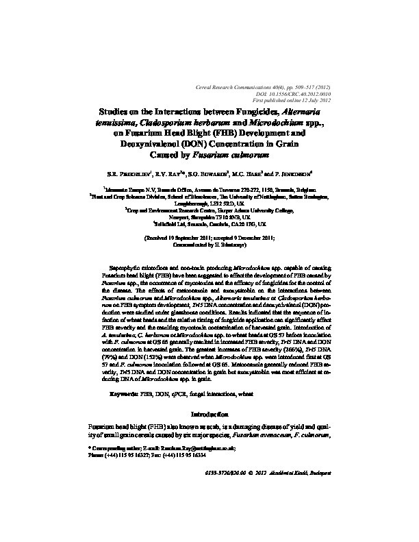 Studies on the Interactions Between Fungicides, Alternaria tenuissima, Cladosporium herbarum and Microdochium spp., on Fusarium Head Blight (FHB) Development and Deoxynivalenol (DON) Concentration in Grain Caused by Fusarium culmorum Thumbnail