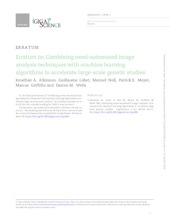 Erratum to: Combining semi-automated image analysis techniques with machine learning algorithms to accelerate large-scale genetic studies Thumbnail