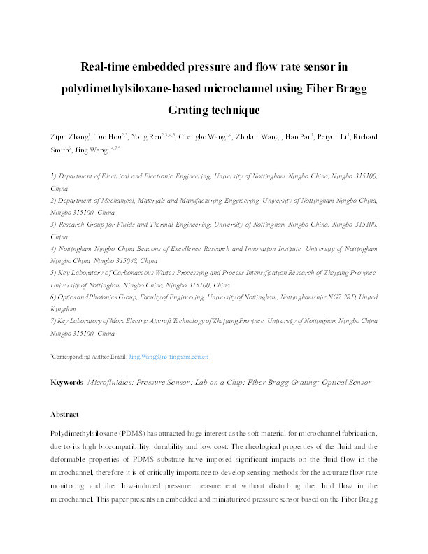 Real-time embedded pressure and flow rate sensor in polydimethylsiloxane-based microchannel using fiber Bragg grating technique Thumbnail