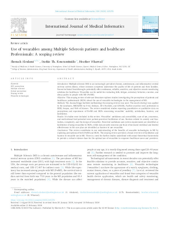 Use of wearables among Multiple Sclerosis patients and healthcare Professionals: A scoping review Thumbnail