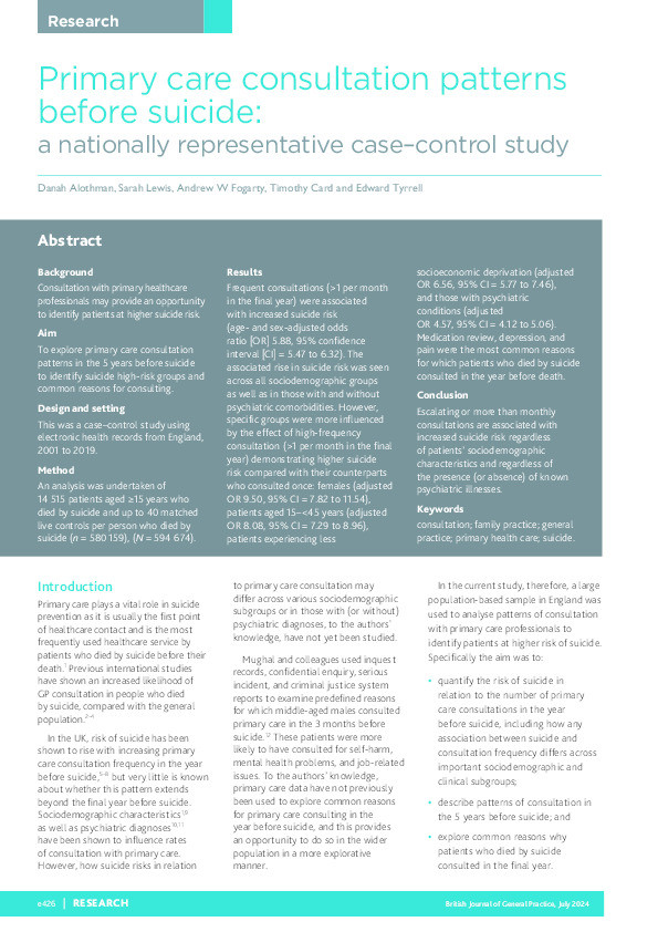 Primary care consultation patterns prior to suicide: a nationally representative case-control study. Thumbnail