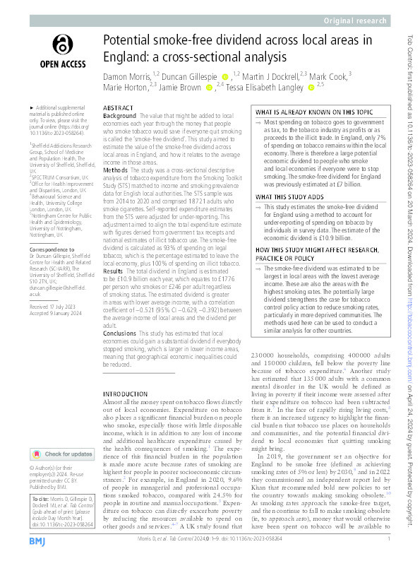 Potential smoke-free dividend across local areas in England: A cross-sectional analysis Thumbnail