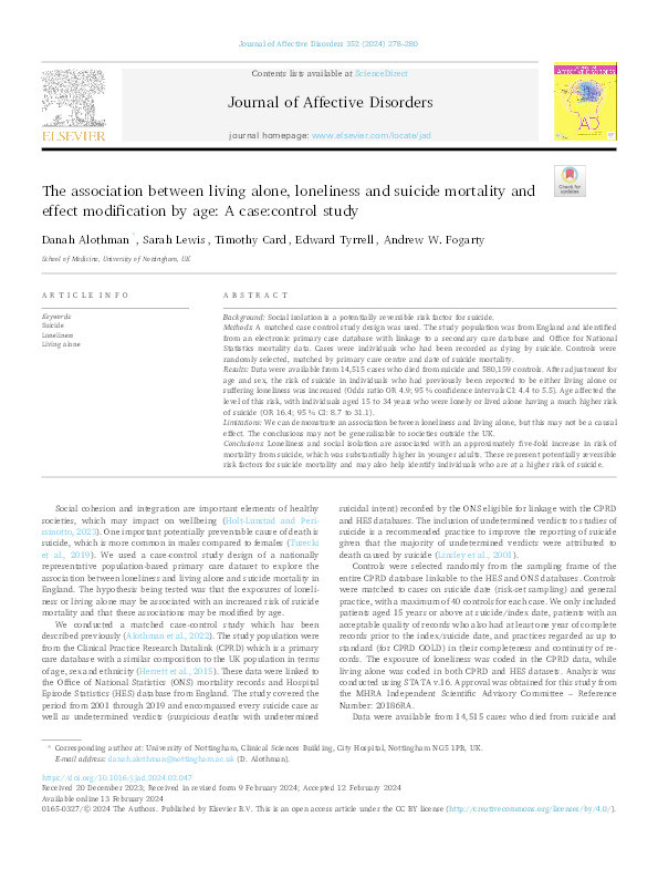 The association between living alone, loneliness and suicide mortality and effect modification by age: A case:control study Thumbnail