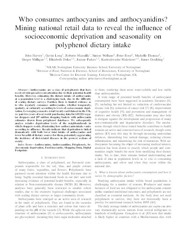 Who consumes anthocyanins and anthocyanidins? Mining national retail data to reveal the influence of socioeconomic deprivation and seasonality on polyphenol dietary intake Thumbnail