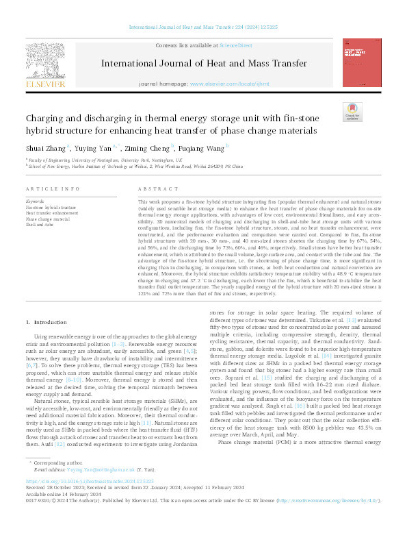 Charging and discharging in thermal energy storage unit with fin-stone hybrid structure for enhancing heat transfer of phase change materials Thumbnail