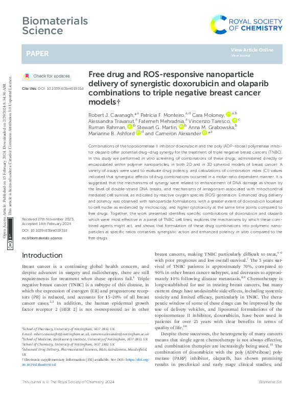 Free drug and ROS-responsive nanoparticle delivery of synergistic doxorubicin and olaparib combinations to triple negative breast cancer models Thumbnail