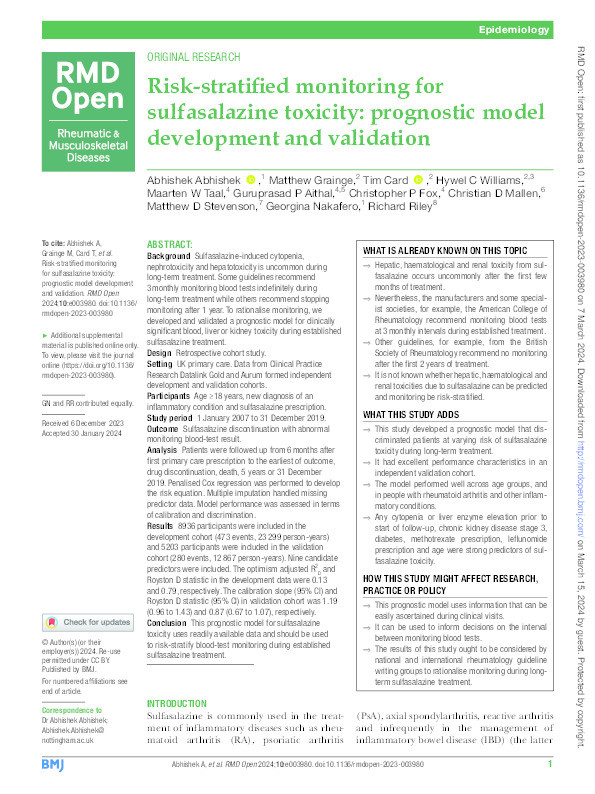 Risk-stratified monitoring for sulfasalazine toxicity: prognostic model development and validation Thumbnail