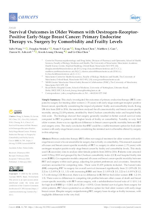 Survival Outcomes in Older Women with Oestrogen-Receptor-Positive Early-Stage Breast Cancer: Primary Endocrine Therapy vs. Surgery by Comorbidity and Frailty Levels Thumbnail