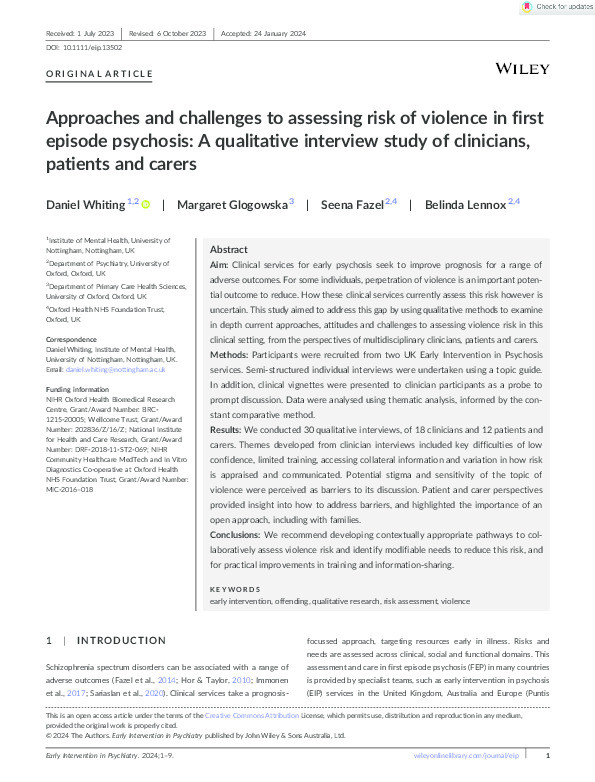 Approaches and challenges to assessing risk of violence in first episode psychosis: A qualitative interview study of clinicians, patients and carers Thumbnail