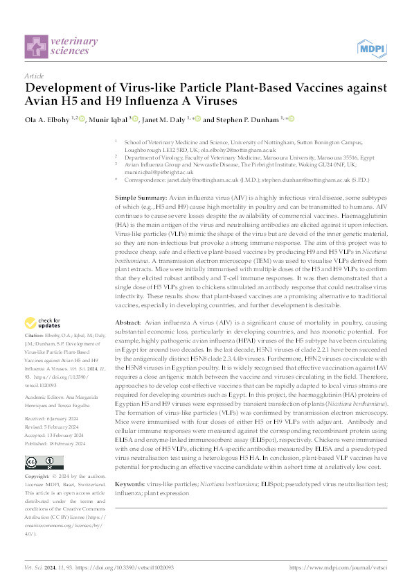 Development of Virus-like Particle Plant-Based Vaccines against Avian H5 and H9 Influenza A Viruses Thumbnail