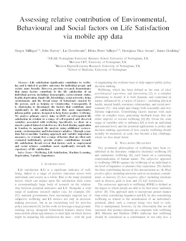 Assessing relative contribution of Environmental, Behavioural and Social factors on Life Satisfaction via mobile app data Thumbnail