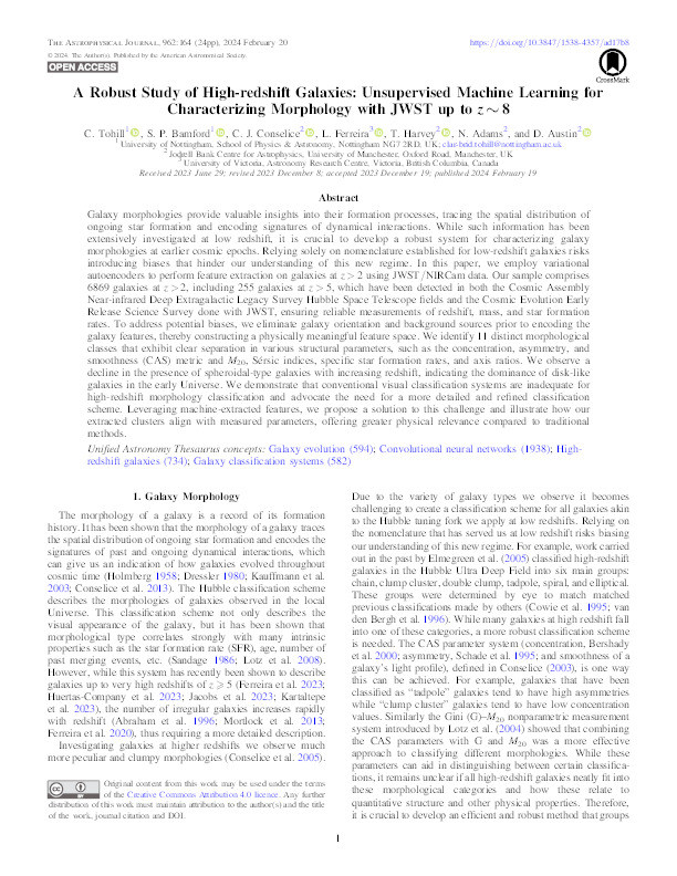 A Robust Study of High-redshift Galaxies: Unsupervised Machine Learning for Characterizing Morphology with JWST up to z ∼ 8 Thumbnail