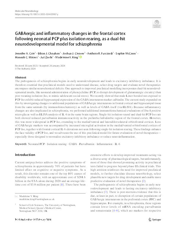 GABAergic and inflammatory changes in the frontal cortex following neonatal PCP plus isolation rearing, as a dual-hit neurodevelopmental model for schizophrenia Thumbnail