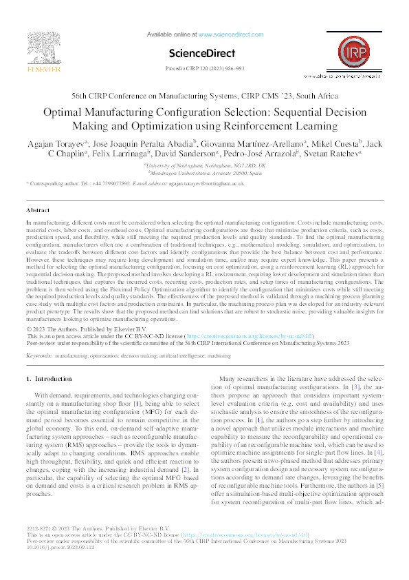 Optimal Manufacturing Configuration Selection: Sequential Decision Making and Optimization using Reinforcement Learning Thumbnail