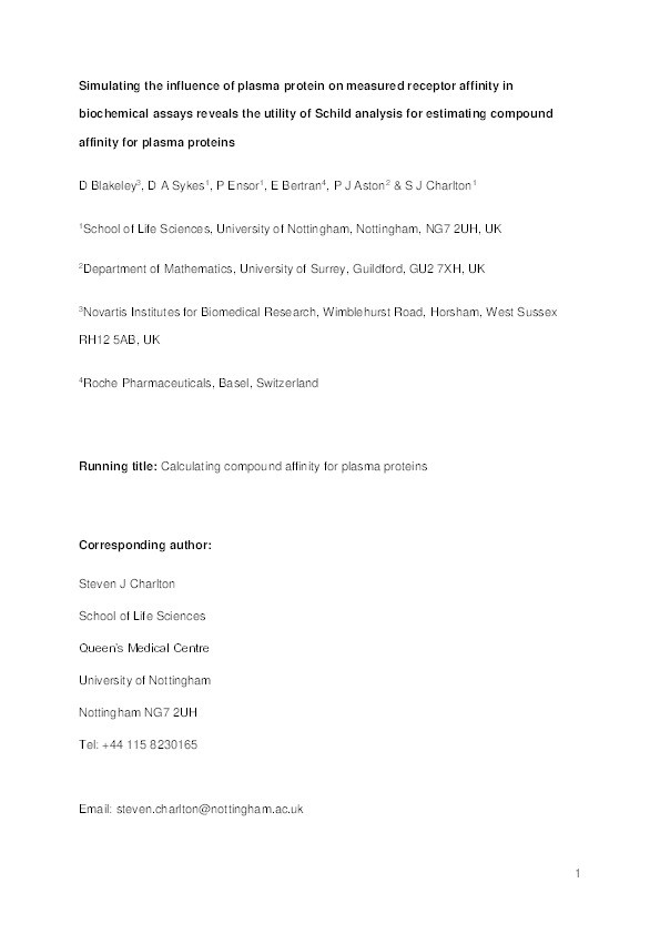 Simulating the influence of plasma protein on measured receptor affinity in biochemical assays reveals the utility of Schild analysis for estimating compound affinity for plasma proteins Thumbnail