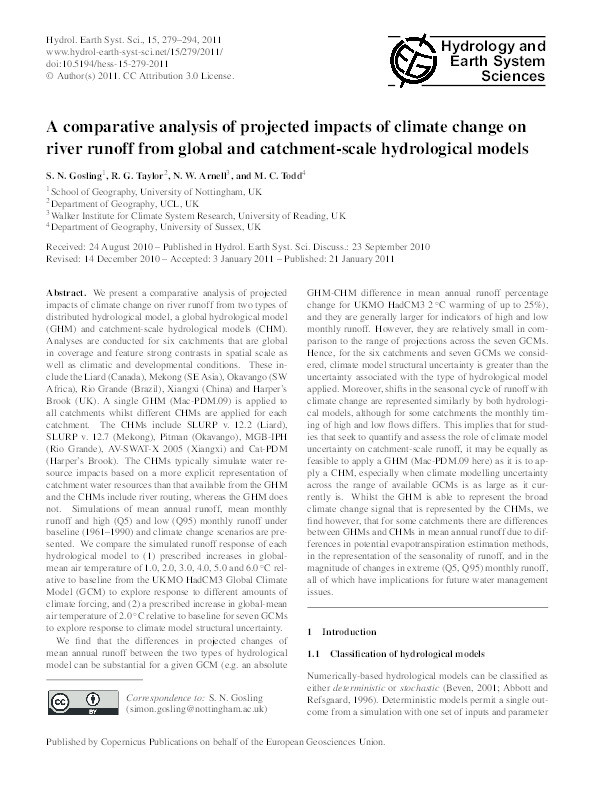 A comparative analysis of projected impacts of climate change on river runoff from global and catchment-scale hydrological models Thumbnail