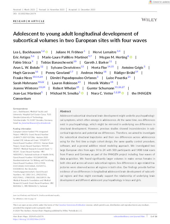 Adolescent to young adult longitudinal development of subcortical volumes in two European sites with four waves Thumbnail