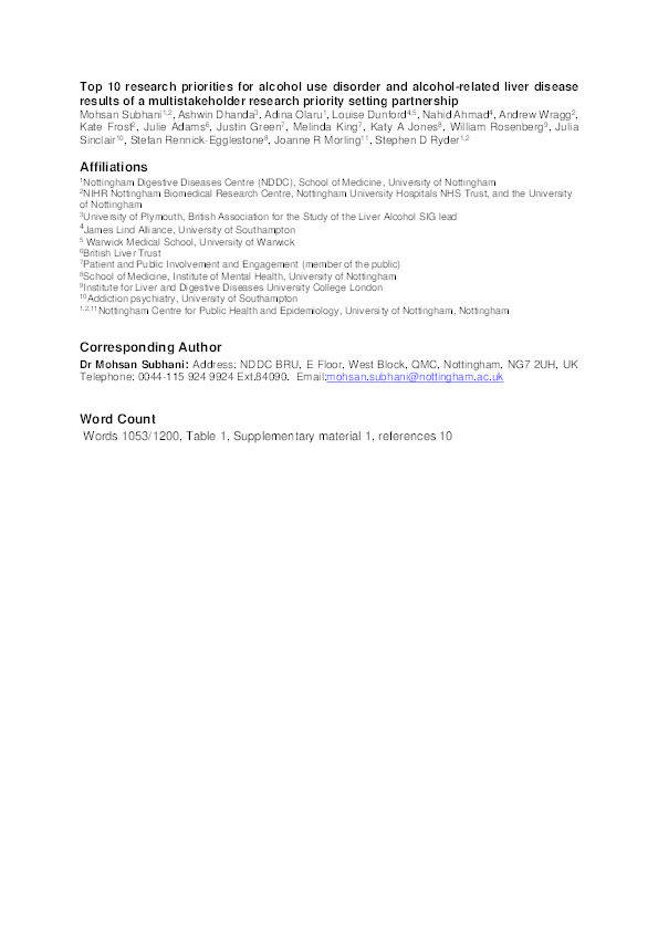 Top ten research priorities for alcohol use disorder and alcohol-related liver disease: results of a multistakeholder research priority setting partnership Thumbnail