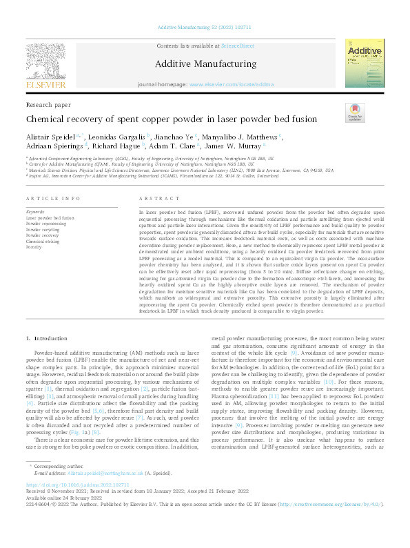 Chemical recovery of spent copper powder in laser powder bed fusion Thumbnail