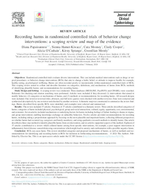 Recording harms in randomized controlled trials of behavior change interventions: a scoping review and map of the evidence Thumbnail