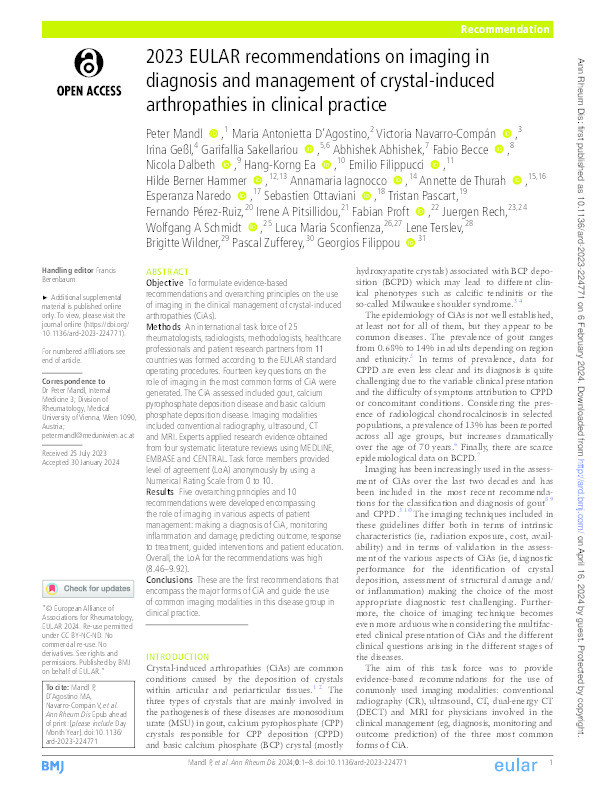 2023 EULAR recommendations on imaging in diagnosis and management of crystal-induced arthropathies in clinical practice Thumbnail