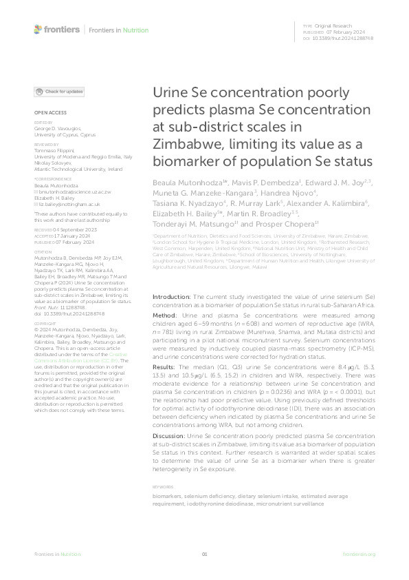 Urine Se concentration poorly predicts plasma Se concentration at sub-district scales in Zimbabwe, limiting its value as a biomarker of population Se status Thumbnail