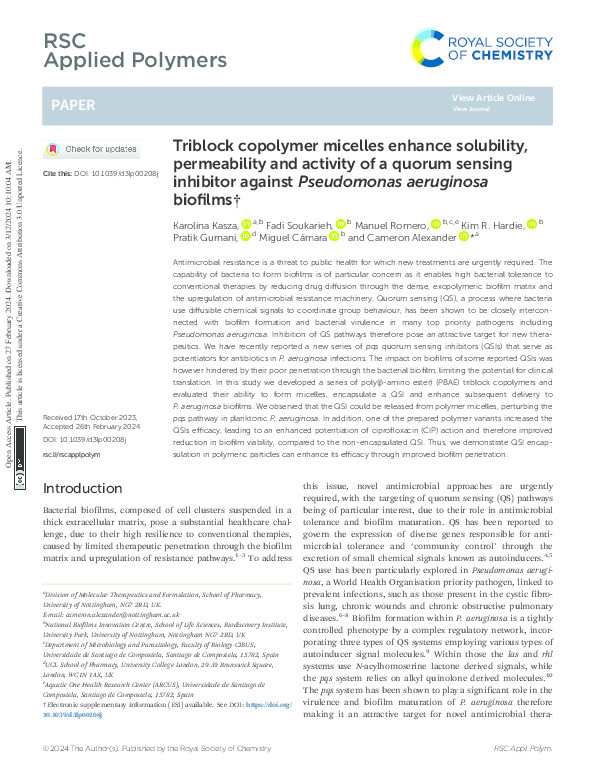 Triblock copolymer micelles enhance solubility, permeability and activity of a quorum sensing inhibitor against Pseudomonas aeruginosa biofilms Thumbnail