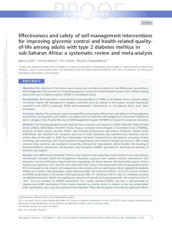 Effectiveness and safety of self-management interventions for improving glycemic control and health-related quality-of-life among adults with type 2 diabetes mellitus in sub-Saharan Africa: a systematic review and meta-analysis Thumbnail