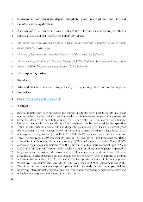 Development of samarium-doped phosphate glass microspheres for internal radiotheranostic applications Thumbnail