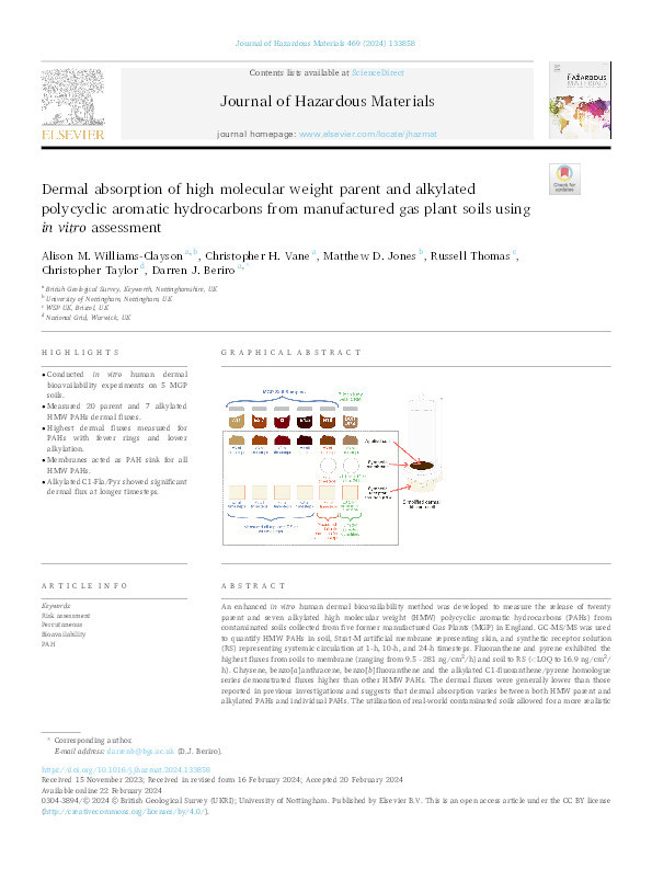 Dermal absorption of high molecular weight parent and alkylated polycyclic aromatic hydrocarbons from manufactured gas plant soils using in vitro assessment Thumbnail