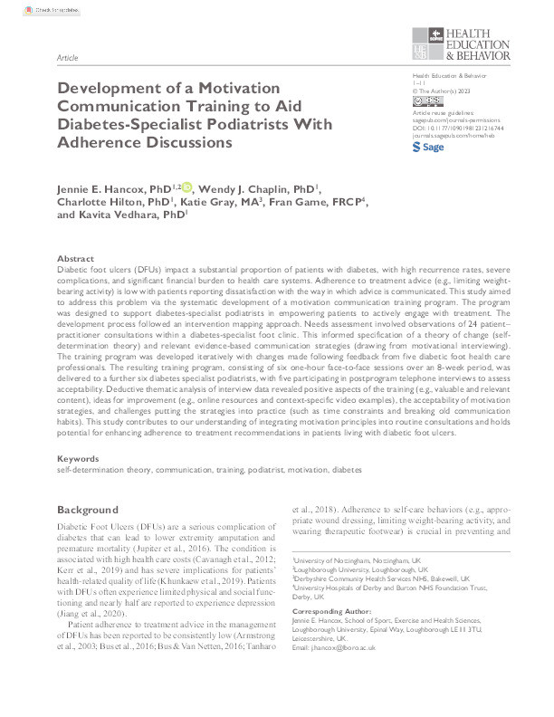 Development of a Motivation Communication Training to Aid Diabetes-Specialist Podiatrists With Adherence Discussions Thumbnail