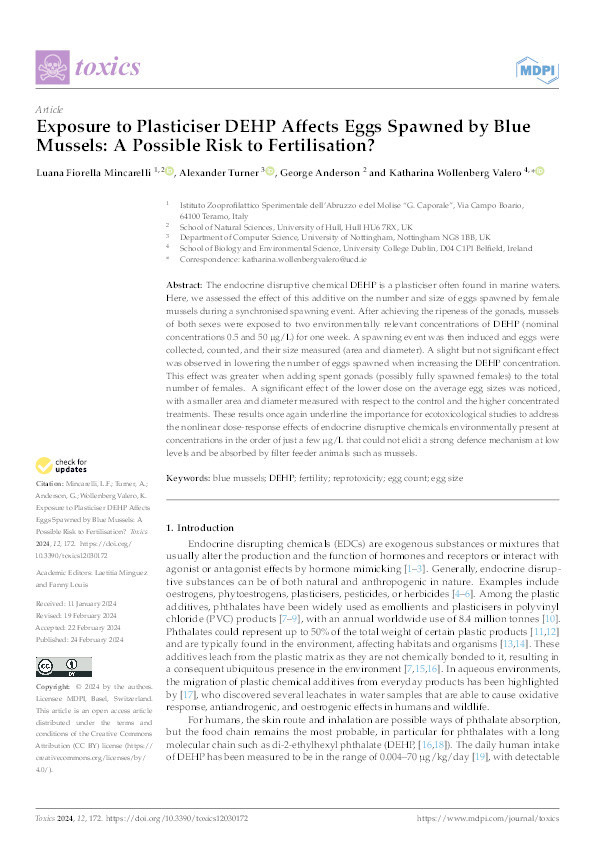 Exposure to Plasticiser DEHP Affects Eggs Spawned by Blue Mussels: A Possible Risk to Fertilisation? Thumbnail