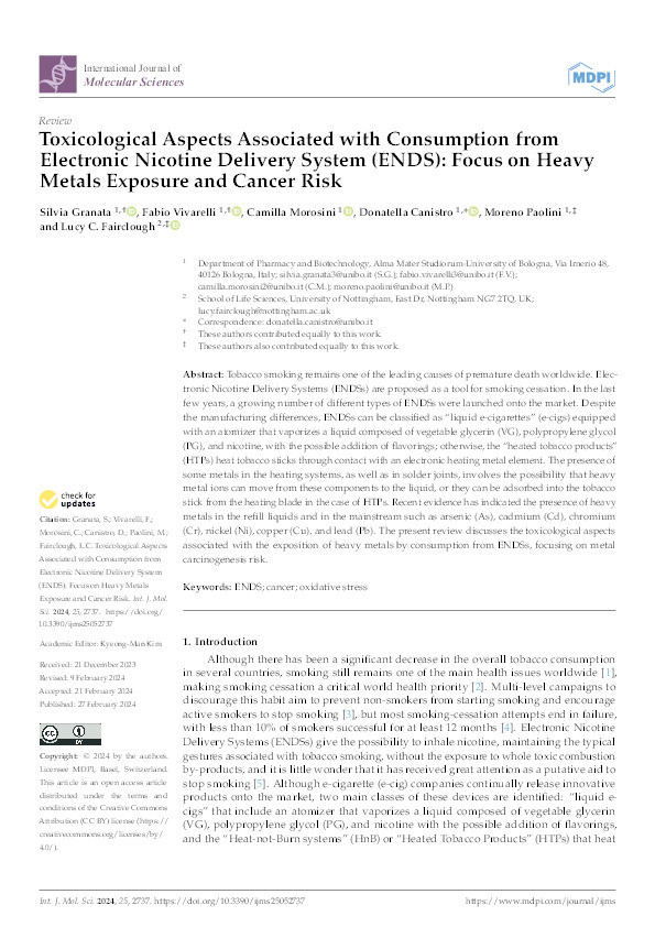 Toxicological Aspects Associated with Consumption from Electronic Nicotine Delivery System (ENDS): Focus on Heavy Metals Exposure and Cancer Risk Thumbnail