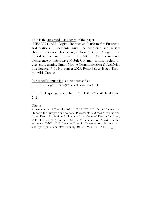 HEALINT4ALL Digital Interactive Platform for European and National Placements Audit for Medicine and Allied Health Professions Following a User-Centered Design Thumbnail