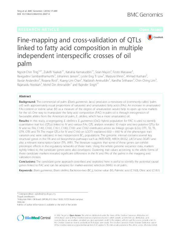 Fine-mapping and cross-validation of QTLs linked to fatty acid composition in multiple independent interspecific crosses of oil palm Thumbnail