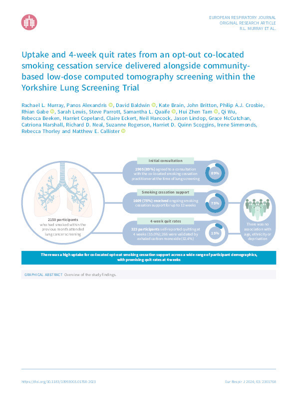 Uptake and 4-week quit rates from an opt-out co-located smoking cessation service delivered alongside community-based low-dose computed tomography screening within the Yorkshire Lung Screening Trial Thumbnail