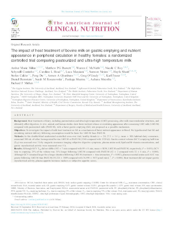 The impact of heat treatment of bovine milk on gastric emptying and nutrient appearance in peripheral circulation in healthy females: a randomized controlled trial comparing pasteurized and ultra-high temperature milk Thumbnail