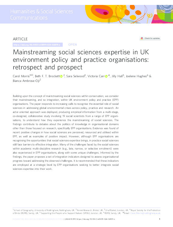 Mainstreaming social sciences expertise in UK environment policy and practice organisations: retrospect and prospect Thumbnail