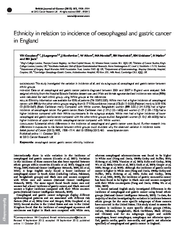 Ethnicity in relation to incidence of oesophageal and gastric cancer in England Thumbnail