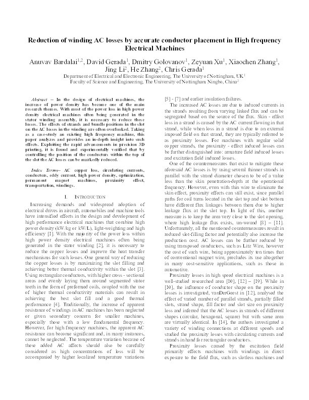 Reduction of Winding AC Losses by Accurate Conductor Placement in High Frequency Electrical Machines Thumbnail