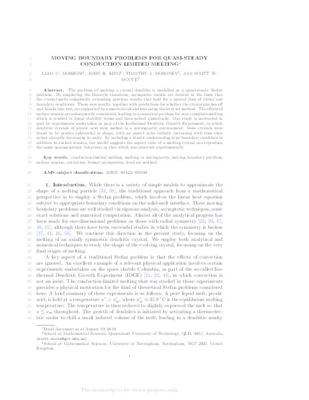 Moving boundary problems for quasi-steady conduction limited melting Thumbnail