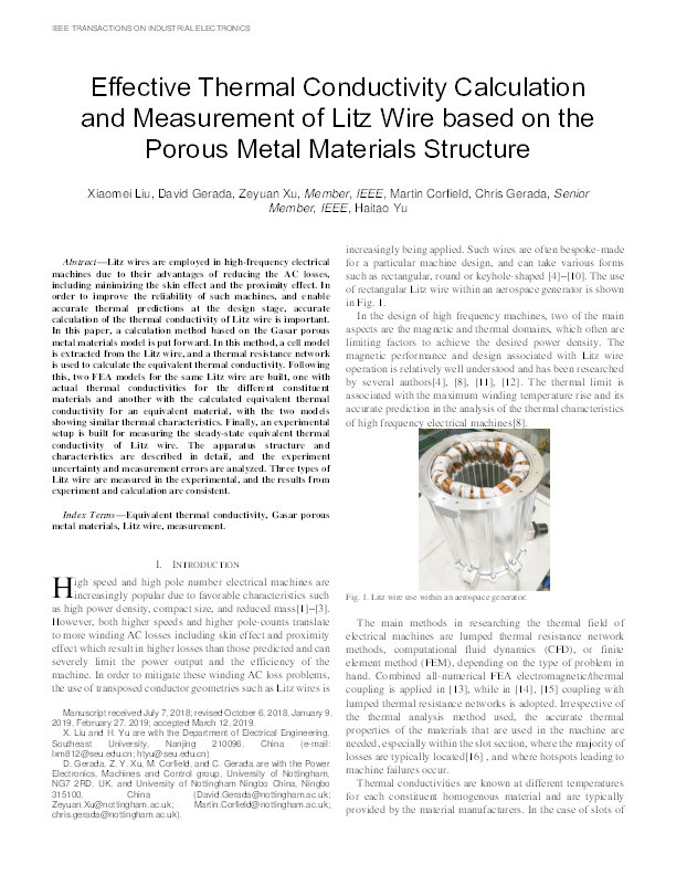 Effective Thermal Conductivity Calculation and Measurement of Litz Wire based on the Porous Metal Materials Structure Thumbnail