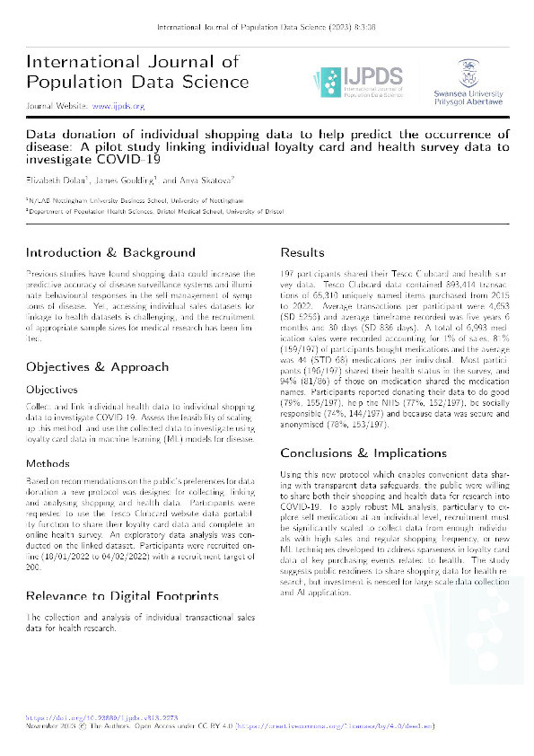 Data donation of individual shopping data to help predict the occurrence of disease: A pilot study linking individual loyalty card and health survey data to investigate COVID-19 Thumbnail