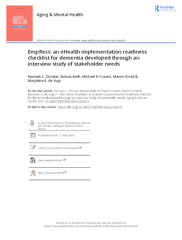 EmpRess: an eHealth implementation readiness checklist for dementia developed through an interview study of stakeholder needs Thumbnail