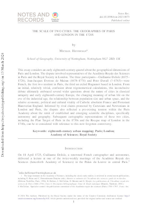 The scale of two cities: the geographies of Paris and London in the 1720s Thumbnail