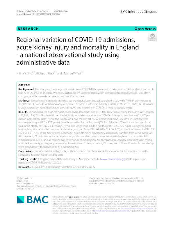 Regional variation of COVID-19 admissions, acute kidney injury and mortality in England - a national observational study using administrative data Thumbnail