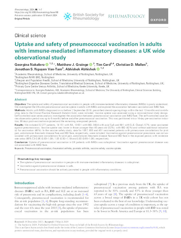 Uptake and safety of pneumococcal vaccination in adults with immune mediated inflammatory diseases: a UK wide observational study Thumbnail