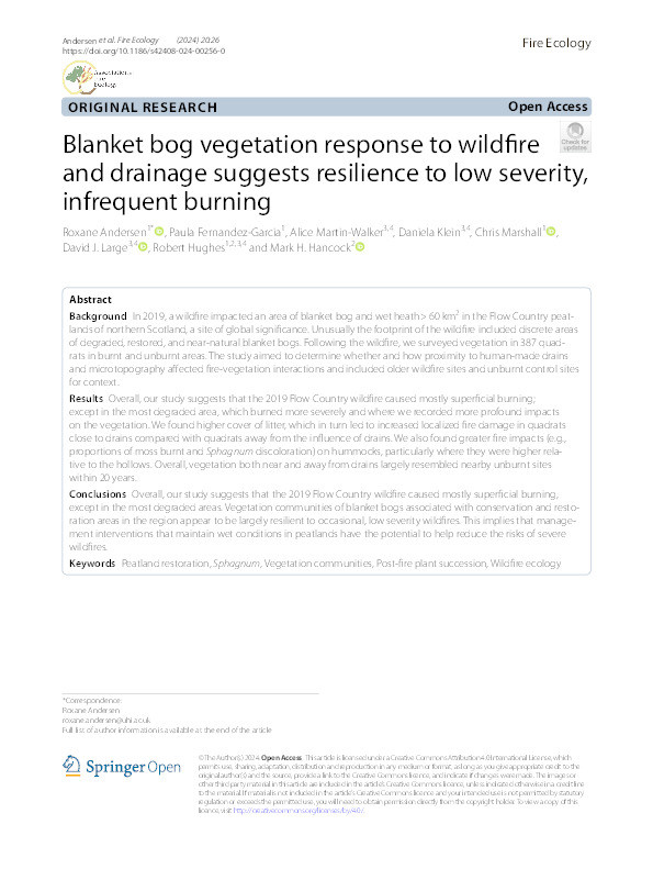 Blanket bog vegetation response to wildfire and drainage suggests resilience to low severity, infrequent burning Thumbnail