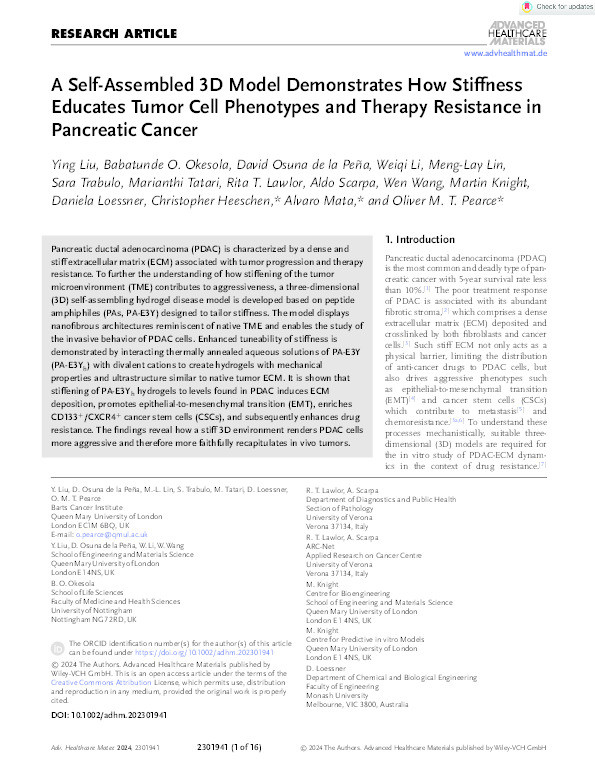 A self‐assembled 3D model demonstrates how stiffness educates tumor cell phenotypes and therapy resistance in pancreatic cancer Thumbnail